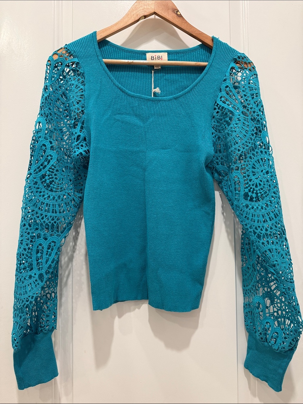 BiBi Teal Crochet-Sleeve Knit Top - Teal SZ L